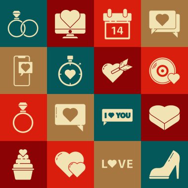 Yüksek topuklu kadın ayakkabısı, kalp şeklinde kutu şekeri, romantik müzik, Takvim 14 Şubat, kalp merkezi kronometre, akıllı telefon konuşma balonu, alyans ve Amour ok ikonu. Vektör