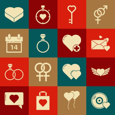 Romantik müzik, kanatlı kalp, zarf kalp, anahtar şekli, alyans, takvim 14 Şubat, şeker şeklinde kutu ve simge. Vektör
