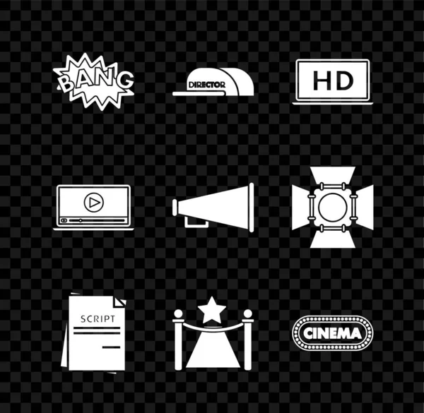 Set Bang boom text speech bubble balloon, Laptop screen HD video technology, Scenario, Carpet barriers and star, Cinema poster design template, Online play and Megaphone icon. Vector — Stock Vector