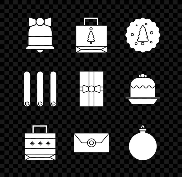 Set Frohe Weihnachten klingelnde Glocke, Papier-Einkaufstasche, Plätzchen oder Keks mit Schokolade, Umschlag Weihnachtsfeier Einladungskarte, Kugel, Drei gerollte Stangen Zimt und Geschenk-Box-Symbol. Vektor — Stockvektor
