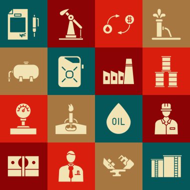 Petrol endüstrisi binası, petrolcü, varil yağı, takas, motor kutusu, kontrat parası, kalem ve ikon. Vektör
