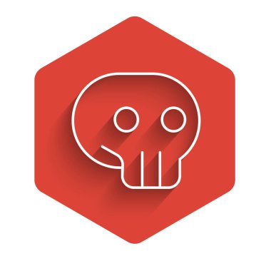 Beyaz Çizgili Kafatası simgesi uzun gölgeli izole edilmiş. Kırmızı altıgen düğmesi. Vektör