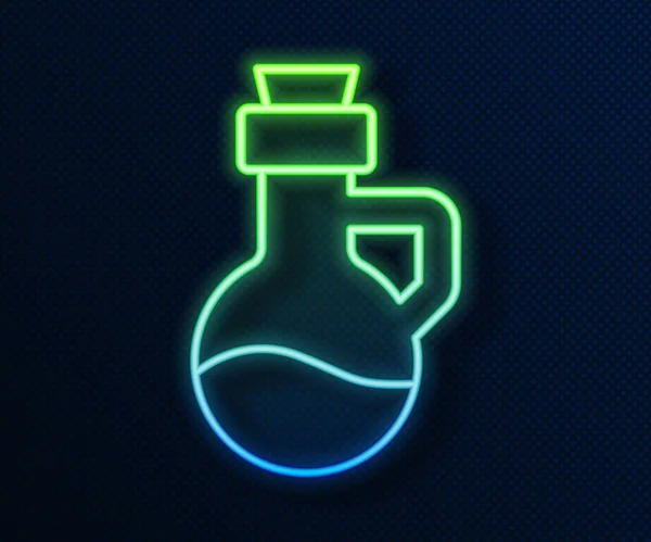 Светящаяся неоновая линия Значок бутылки с маслом выделен на синем фоне. Органическая ароматерапия. Уход за кожей пакет сыворотки стекло. Вектор — стоковый вектор