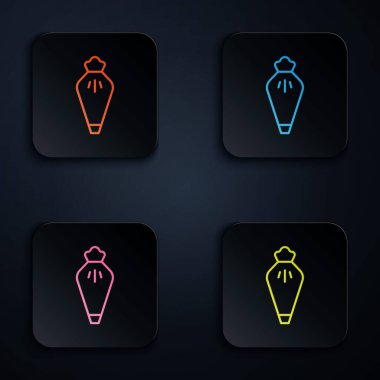 Renkli neon çizgili pasta torbası siyah arkaplanda izole edilmiş krema ikonu ile süslenmiş pastalar için. Mutfak gereçleri ve aletler. Kare düğmelere simgeleri yerleştir. Vektör