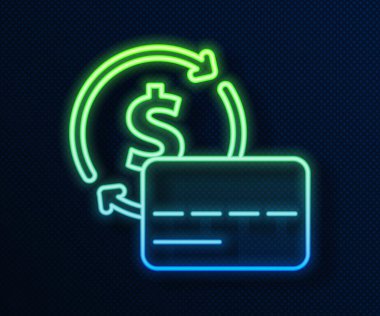 Parlayan neon hattı kredi kartı simgesi mavi arkaplanda izole edildi. Çevrimiçi ödeme. Nakit çekilmesi. Finansal operasyonlar. Alışveriş tabelası. Vektör