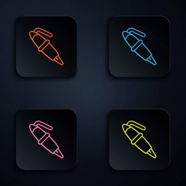 Renkli neon hattı Çeşme ucu simgesi siyah arkaplanda izole edildi. Kalem aleti işareti. Kare düğmelere simgeleri yerleştir. Vektör