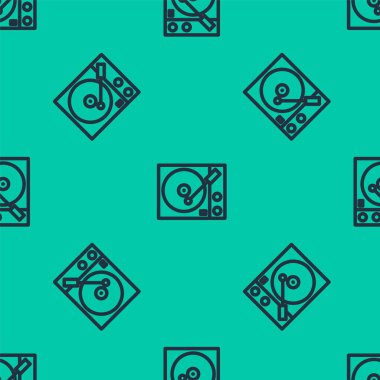 Plak disk simgesine sahip mavi çizgi Vinil oynatıcısı yeşil arkaplandaki dikişsiz deseni izole etti. Vektör