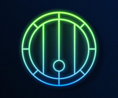 Parlayan neon hattı ahşap varil ikonu mavi arka planda izole edildi. Alkol fıçısı, içki kabı, bira için tahta fıçı, viski, şarap. Vektör