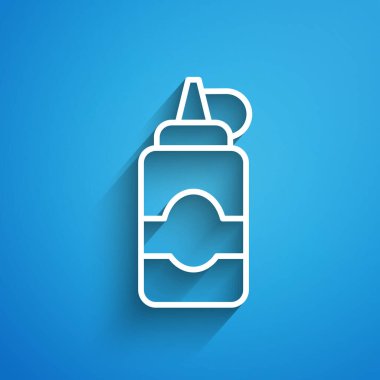 Beyaz çizgili sos şişesi ikonu mavi arka planda izole edilmiş. Ketçap, hardal ve fast food için soslu mayonez şişeleri. Uzun gölge. Vektör