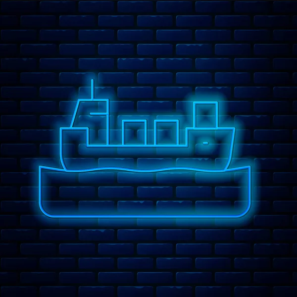 Gloeiende neon lijn Olietanker schip pictogram geïsoleerd op baksteen muur achtergrond. Vector — Stockvector