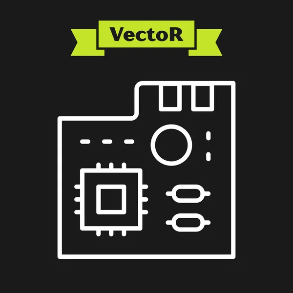 Weiße Linie Elektronische Computerkomponenten Motherboard Digitalchip integrierte Wissenschaft Symbol isoliert auf schwarzem Hintergrund. Leiterplatte. Vektor — Stockvektor