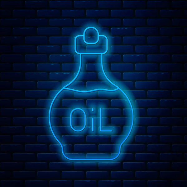 Ligne lumineuse néon icône bouteille d'huile essentielle isolé sur fond de mur de briques. Essence d'aromathérapie biologique. Soin de la peau sérum verre goutte paquet. Vecteur — Image vectorielle