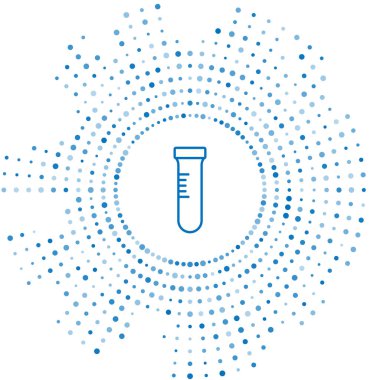 Mavi çizgi test tüpü ve beyaz arka planda izole edilmiş kimyasal test ikonu. Laboratuvar cam levhası. Soyut çember rastgele noktalar. Vektör
