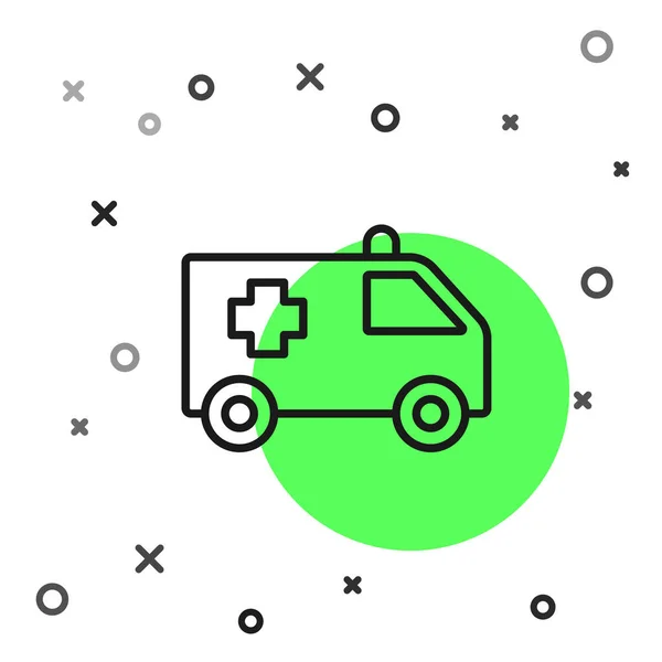 Svart linje Ambulans och nödbil ikon isolerad på vit bakgrund. Ambulans fordon medicinsk evakuering. Vektor — Stock vektor