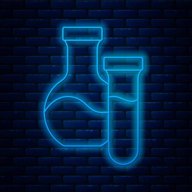 Parlayan neon hattı test tüpü ve kimyasal test ikonu tuğla duvar arka planında izole edilmiş. Laboratuvar cam levhası. Vektör