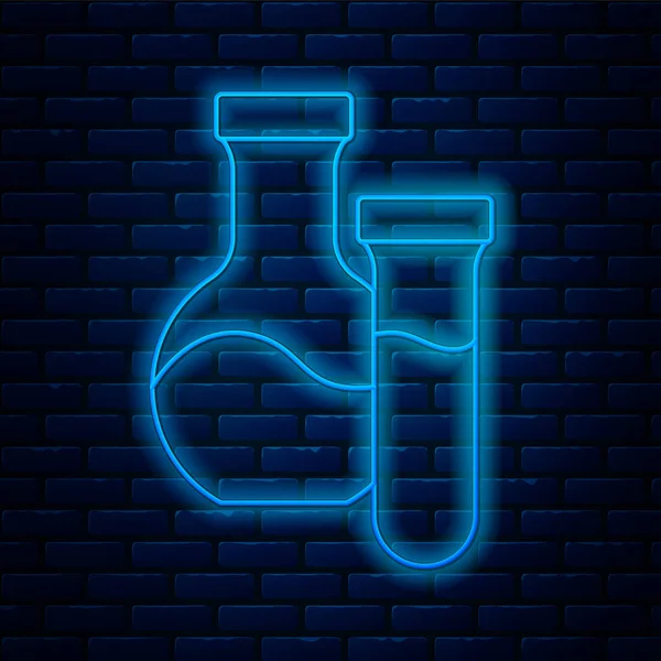 Glowing neon line Test tube and flask chemical laboratory test icon isolated on brick wall background. Laboratory glassware sign. Vector — Stock Vector