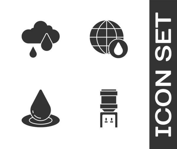 Set Enfriador de agua, Nube con lluvia, gota e icono del agua del planeta Tierra. Vector — Vector de stock