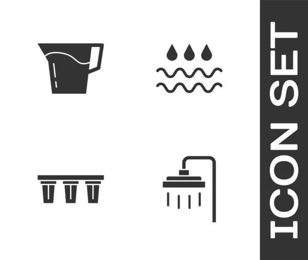 Set Shower, Jug glass with water, Water filter and Wave drop icon. Vector — 스톡 벡터
