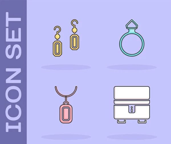 Set boîte à bijoux, boucles d'oreilles, pendentif sur collier et diamant icône de fiançailles. Vecteur — Image vectorielle