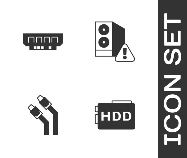 Establecer unidad de disco duro HDD, RAM, memoria de acceso aleatorio, Internet de red de cable LAN y caja del icono de la computadora. Vector — Archivo Imágenes Vectoriales