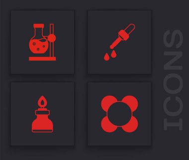 Molekül, deney tüpü şişesi, Pipette ve Alkol veya ruh yakma ikonu hazırlayın. Vektör