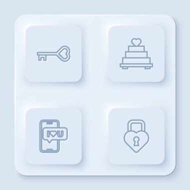 Anahtar 'ı kalp şeklinde ayarla, düğün pastası ile, Mobile ve Castle the of. Beyaz kare düğme. Vektör