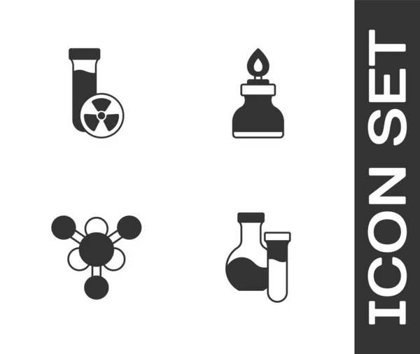 Set Tubo de ensayo, con líquido tóxico, molécula e icono de alcohol o quemador de alcohol. Vector — Vector de stock