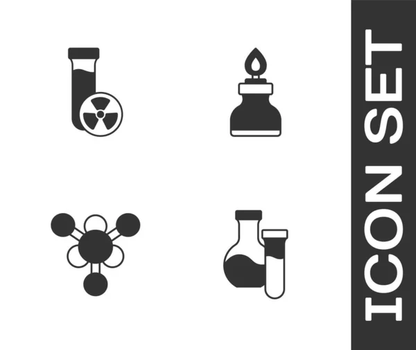 독성 액체, 분자, 알코올, 스피릿 버너 아이콘이 들어 있는 시험관을 설치 한다. Vector — 스톡 벡터