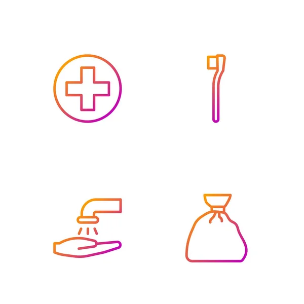 Set line Müllsack, Händewaschen mit Seife, Kreuz Krankenhaus medizinische und Zahnbürste. Farbverlauf-Symbole. Vektor — Stockvektor
