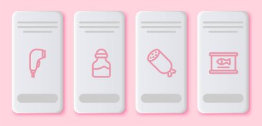 Çizgi tarayıcı barkod, baharat, salam sosisi ve konserve balık taraması ayarla. Beyaz dikdörtgen düğme. Vektör