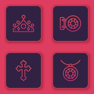 Kral tacı, Hıristiyan haçı, kuyumcu ve kolye. Mavi kare düğme. Vektör