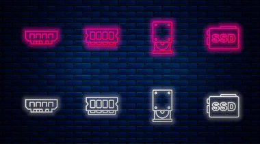 Hat RAM, rastgele erişim belleği, optik disk sürücüsü ve SSD kartı ayarla. Tuğla duvarda parlayan neon simgesi. Vektör