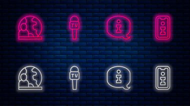 Mikrofon, Bilgi, Dünya haberleri ve... Tuğla duvarda parlayan neon simgesi. Vektör