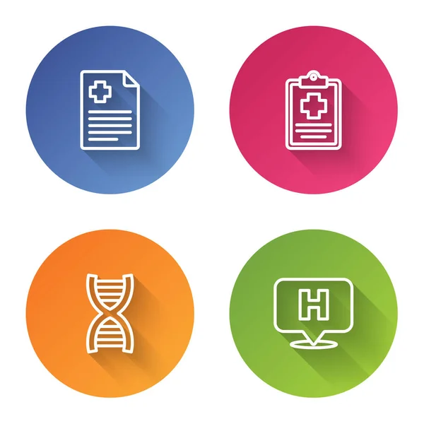 Establezca la línea de registro del paciente, símbolo de ADN y lugar hospital. Botón círculo de color. Vector — Archivo Imágenes Vectoriales