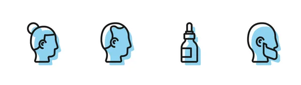 Set lijn Olie fles, kapsel voor mannen, kaalheid en snor en baard pictogram. Vector — Stockvector