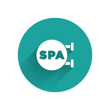 Beyaz Spa salonu ikonu uzun gölgeli izole edilmiş. Güzellik salonu, masaj, kozmetik. Spa tedavisi ve kozmetoloji. Yeşil daire düğmesi. Vektör