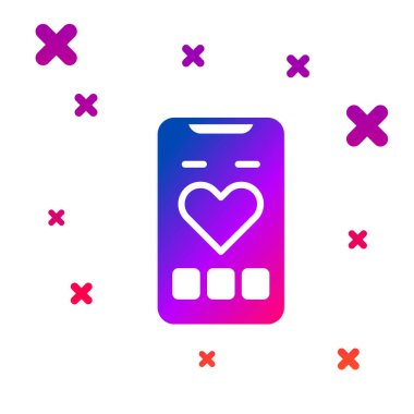 Beyaz arkaplanda izole edilmiş kalp atış hızı monitörü fonksiyon simgesine sahip renkli akıllı telefon. Kademeli rastgele dinamik şekiller. Vektör