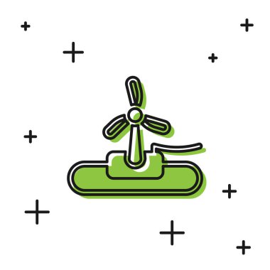 Siyah Rüzgar türbini simgesi beyaz arkaplanda izole edildi. Rüzgar jeneratörü işareti. Elektrik üretimi için yel değirmeni. Vektör