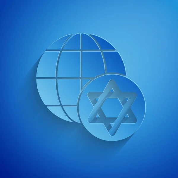 Papier coupé World Globe and Israel icône isolée sur fond bleu. Style art du papier. Vecteur — Image vectorielle