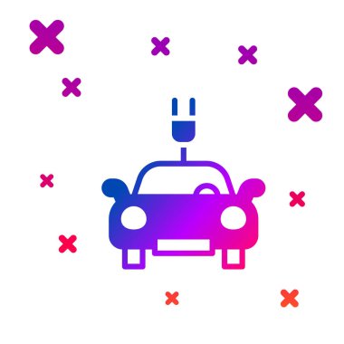 Renkli elektrikli araba ve elektrik kablosu şarj ikonu beyaz arka planda izole edildi. Yenilenebilir ekolojik teknolojiler. Kademeli rastgele dinamik şekiller. Vektör