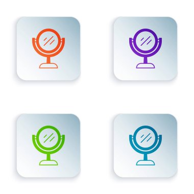 Beyaz arkaplanda izole edilmiş Renkli El ayna simgesi. Kare düğmelere renkli simgeleri yerleştir. Vektör