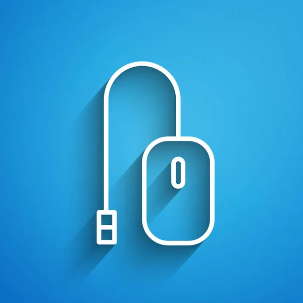 Línea blanca Icono del ratón del ordenador aislado sobre fondo azul. Óptica con símbolo de rueda. Larga sombra. Ilustración vectorial — Archivo Imágenes Vectoriales