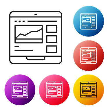 Siyah çizgi ticaret kursları simgesi beyaz arkaplanda izole edildi. Uzaktan öğrenme finans yönetimi, hisse senedi piyasalarında mal alıp satma. Renkli daire düğmelerini ayarlayın. Vektör