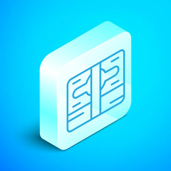 Ligne isométrique Empile l'icône de trésorerie de papier monnaie isolé sur fond bleu. Des piles de billets de banque. Monnaie fiduciaire. Bouton carré argenté. Vecteur — Image vectorielle