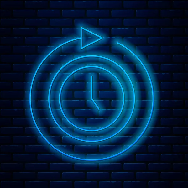 Glowing neon line Clock with arrow icon isolated on brick wall background. Time symbol. Clockwise rotation icon arrow and time. Vector — Stock Vector