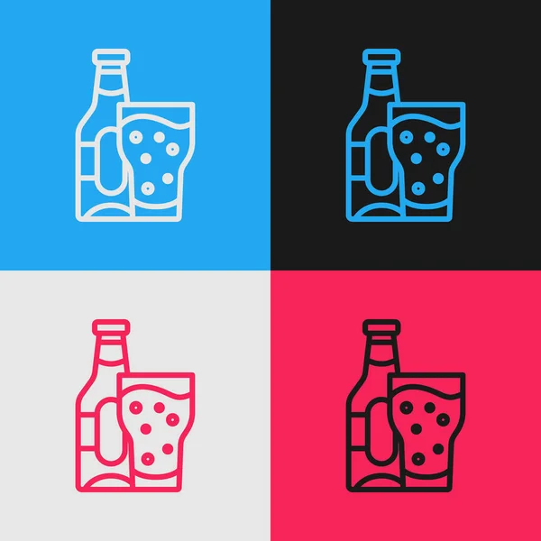 流行艺术线啤酒瓶和玻璃图标隔离的色彩背景.酒精饮料的象征。B.病媒 — 图库矢量图片