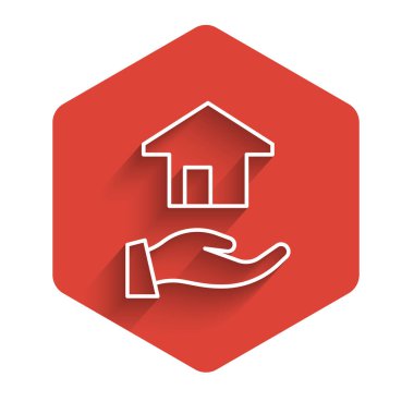 Beyaz çizgili emlakçı simgesi uzun gölgeli bir arka planı var. Ev almak. Kırmızı altıgen düğmesi. Vektör