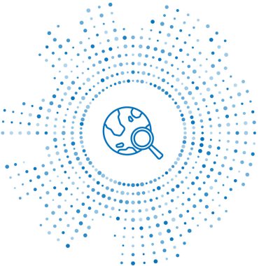 Beyaz arka planda izole edilmiş dünya ikonu olan mavi çizgi büyüteç. Dünyayı analiz ediyorum. Küresel arama işareti. Soyut çember rastgele noktalar. Vektör