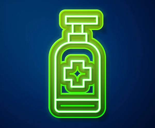 Linha de néon brilhante Garrafa de sabão antibacteriano líquido com ícone de dispensador isolado no fundo azul. Anti-séptico. Desinfecção, higiene, cuidados com a pele. Vetor — Vetor de Stock