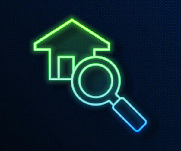 Línea de neón brillante Icono de la casa de búsqueda aislado sobre fondo azul. Símbolo inmobiliario de una casa bajo lupa. Vector — Vector de stock